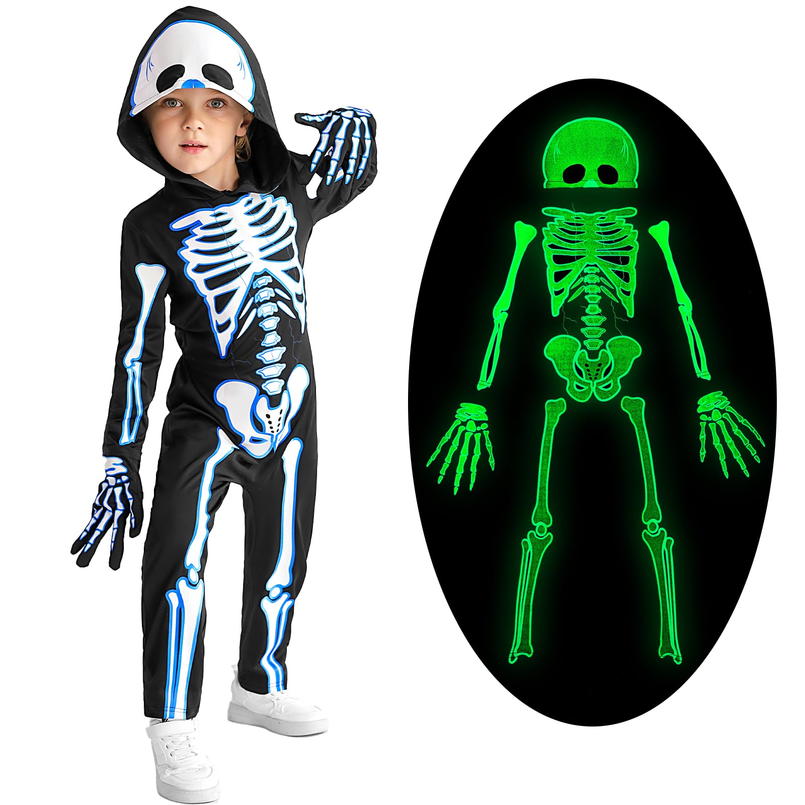 Weixinbuy Kids Halloween Skeleton Costumes Toddler Luminous Scary Skull Bones Jumpsuit Glow in the Dark Outfit for Child Baby