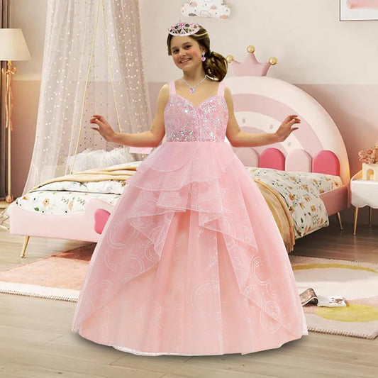 Wicked Glinda Dress for Girls Pink Witch Costume for Girls Halloween Cosplay Outfits Party Dress with Accessories