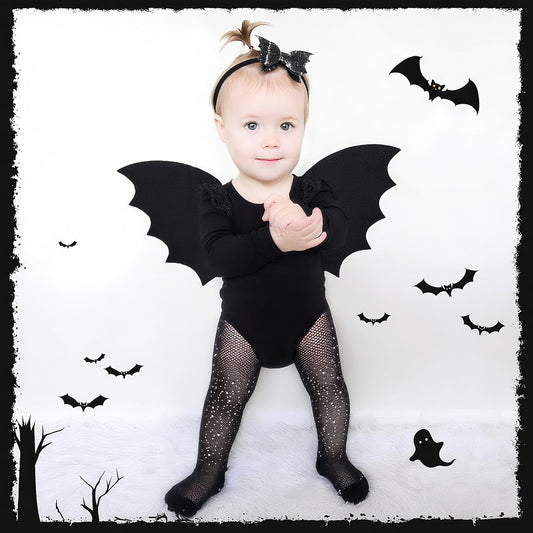 Halloween Toddler Bat Costume for Baby Girl Boy with Black Bat Wing Ruffle Long Sleeve Romper Bodysuit Goth Bow Headband