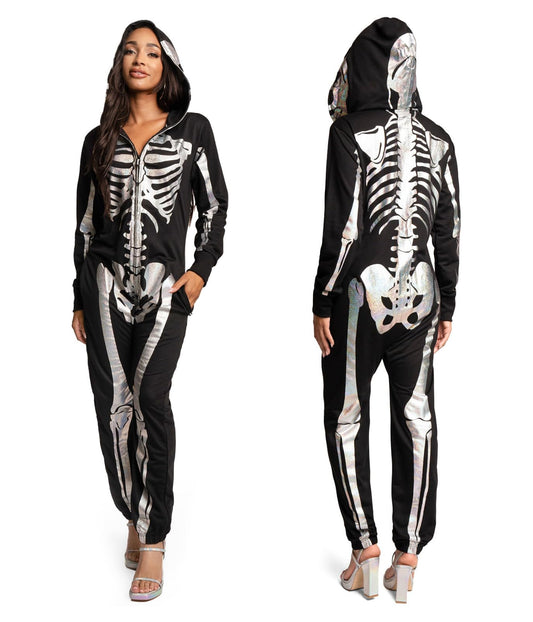 Tipsy Elves Halloween Skeleton Costume for Women - Comfy Easy Adult Onesie Jumpsuit - Front and Back Print with Zip Up Mask