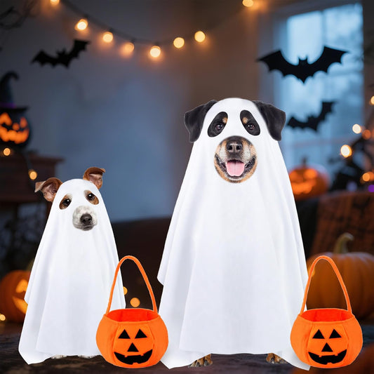 Dog Halloween Costumes, Dog Ghost Costume Funny Pet Ghost Costume with Pumpkin Candy Bag for Small Medium Large Dogs Pets (Large)