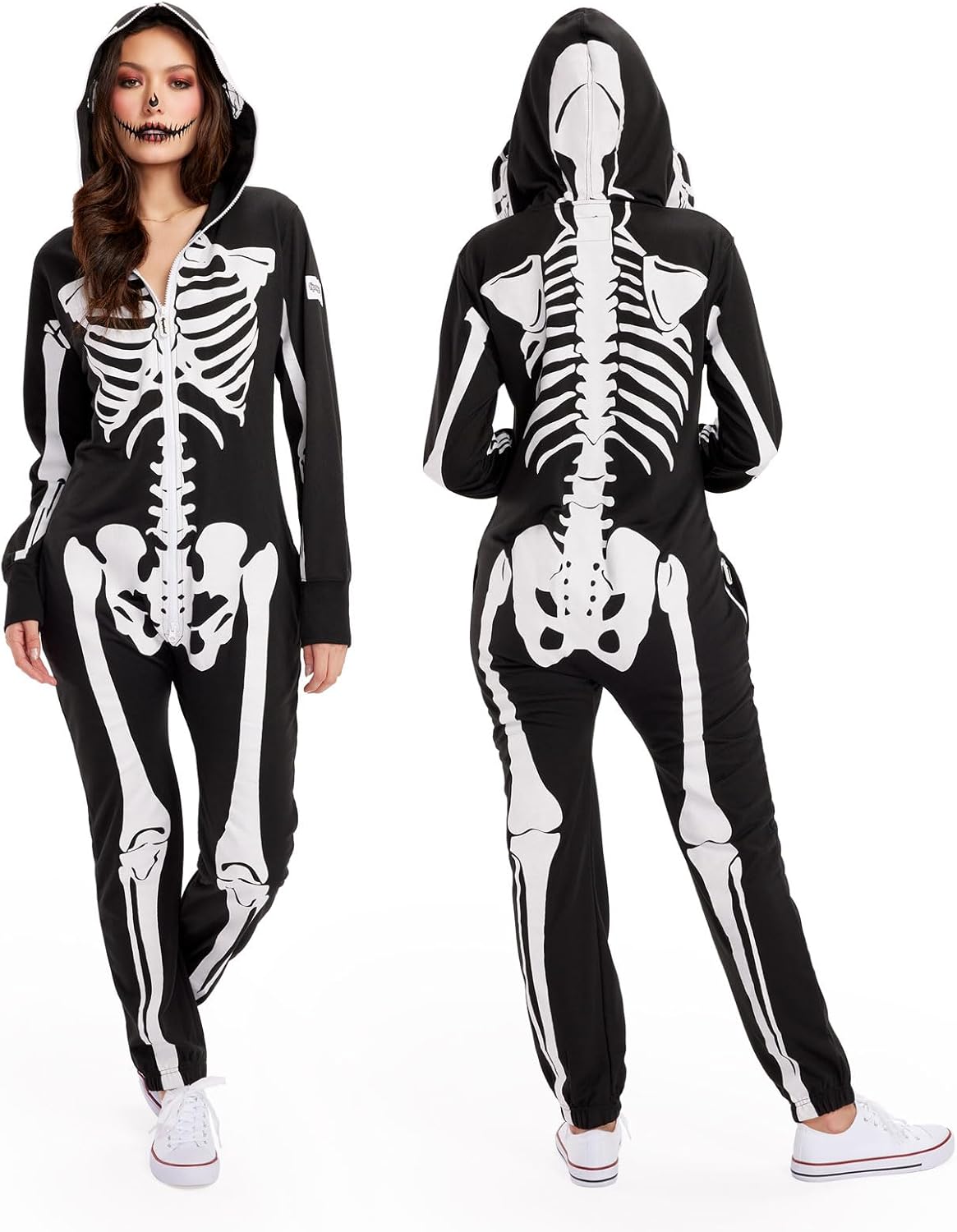 Tipsy Elves Halloween Skeleton Costume for Women - Comfy Easy Adult Onesie Jumpsuit - Front and Back Print with Zip Up Mask