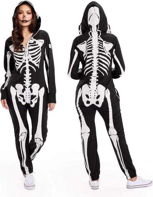Tipsy Elves Halloween Skeleton Costume for Women - Comfy Easy Adult Onesie Jumpsuit - Front and Back Print with Zip Up Mask