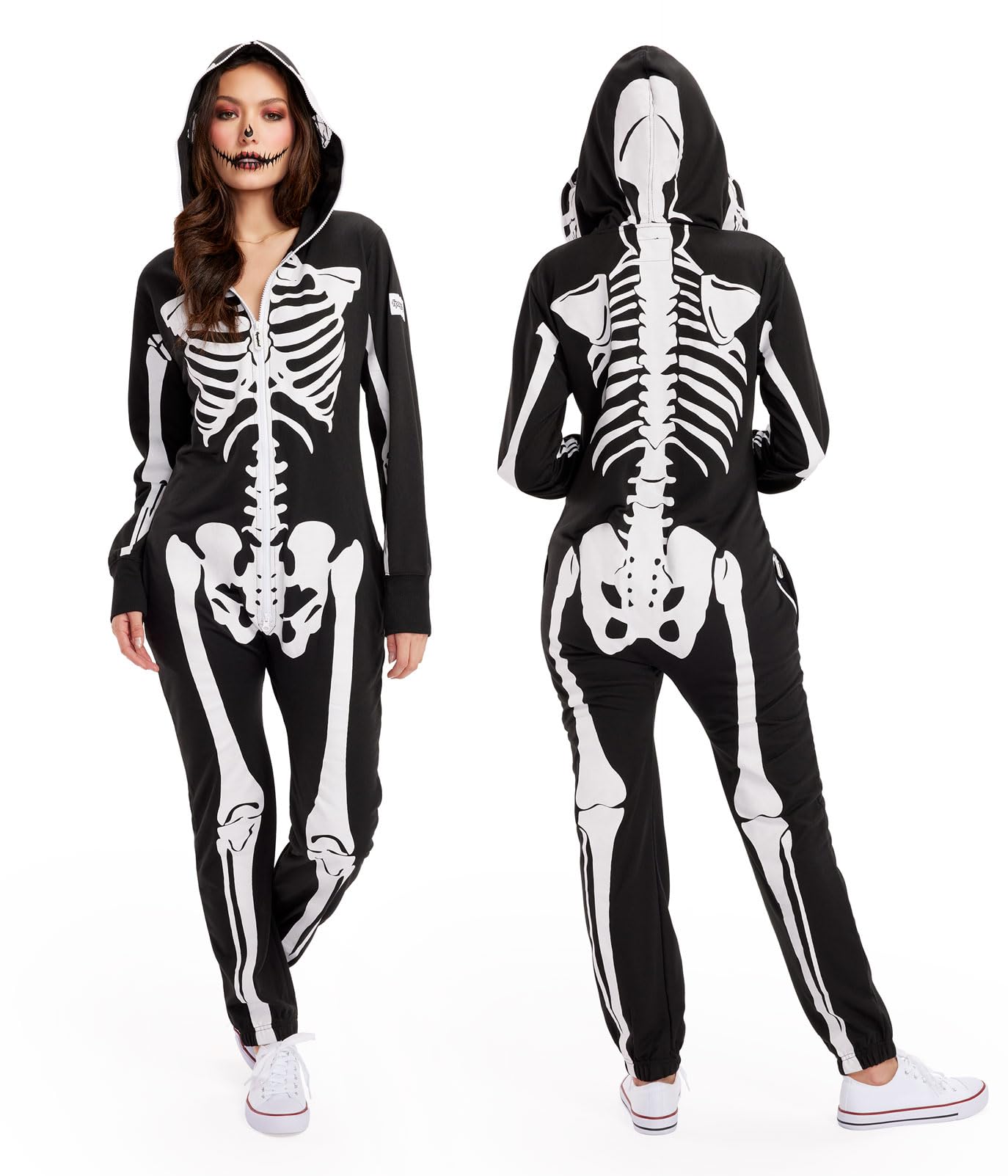 Tipsy Elves Halloween Skeleton Costume for Women - Comfy Easy Adult Onesie Jumpsuit - Front and Back Print with Zip Up Mask