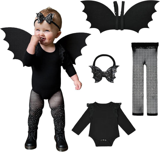 Halloween Toddler Bat Costume for Baby Girl Boy with Black Bat Wing Ruffle Long Sleeve Romper Bodysuit Goth Bow Headband
