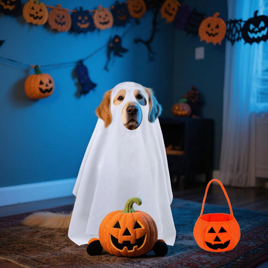 Dog Halloween Costumes, Dog Ghost Costume Funny Pet Ghost Costume with Pumpkin Candy Bag for Small Medium Large Dogs Pets (Large)