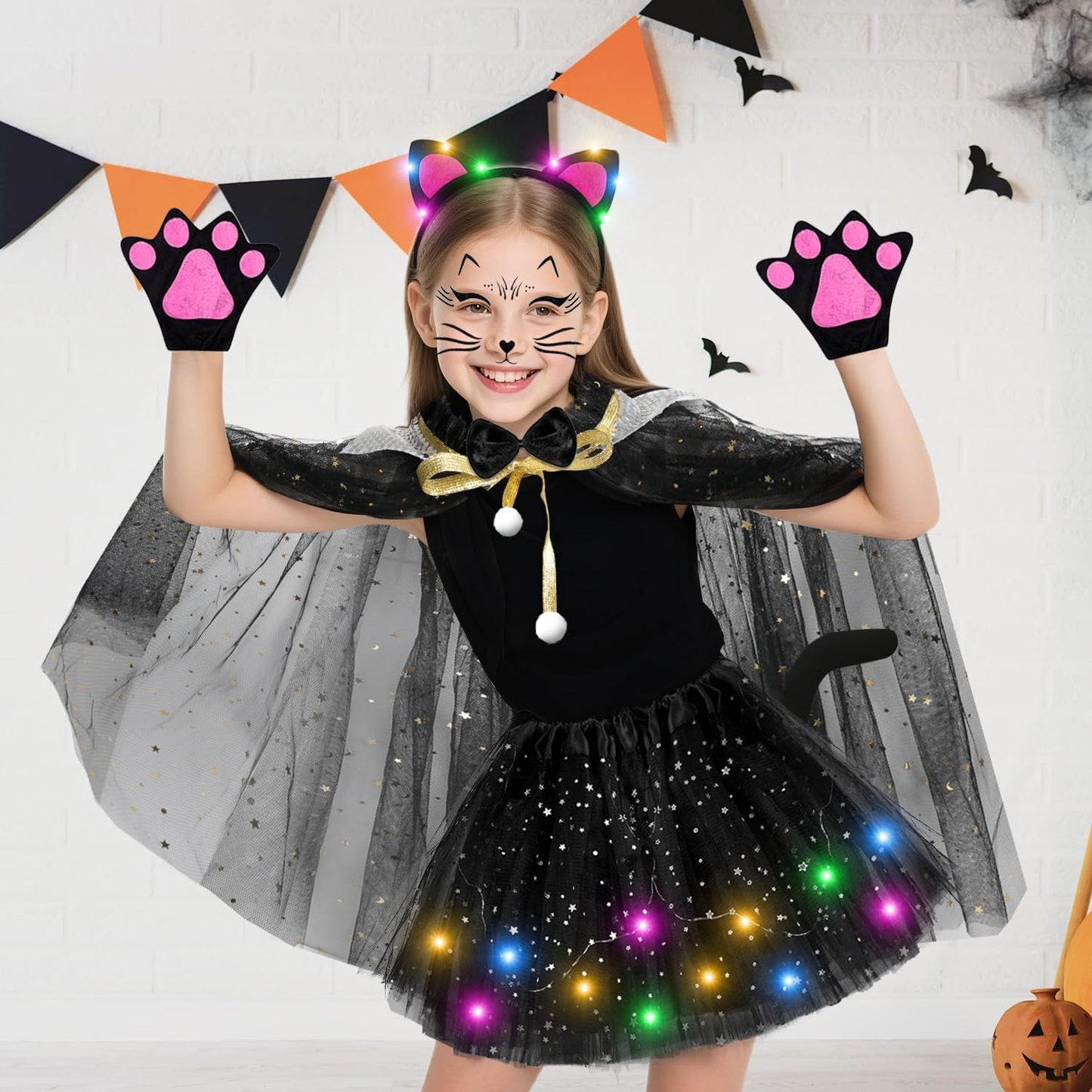 MOVINPE Black Cat Costume for Girls with LED Tutu Skirt Light up Ear Headband, Cape, Tail, Cat Paw Gloves, Bow Tie, Face Tattoo, Kids Halloween Costume for Ages 3-8