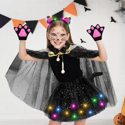 MOVINPE Black Cat Costume for Girls with LED Tutu Skirt Light up Ear Headband, Cape, Tail, Cat Paw Gloves, Bow Tie, Face Tattoo, Kids Halloween Costume for Ages 3-8