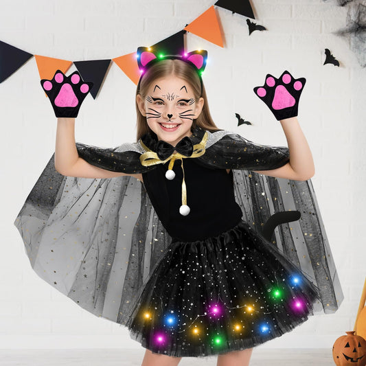 MOVINPE Black Cat Costume for Girls with LED Tutu Skirt Light up Ear Headband, Cape, Tail, Cat Paw Gloves, Bow Tie, Face Tattoo, Kids Halloween Costume for Ages 3-8