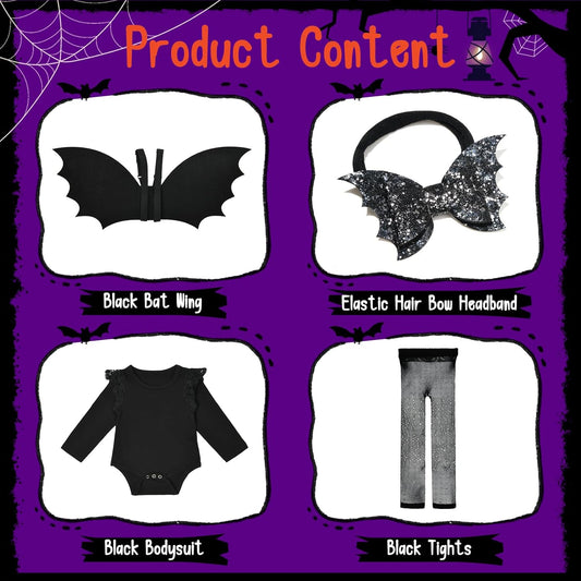 Halloween Toddler Bat Costume for Baby Girl Boy with Black Bat Wing Ruffle Long Sleeve Romper Bodysuit Goth Bow Headband