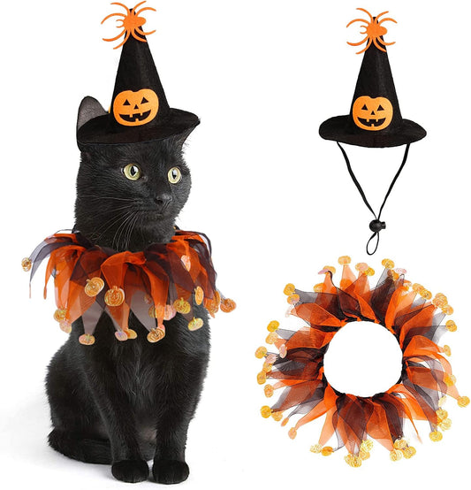 Cat Witch Halloween Costume Suit, Hmxpls Small Dogs & Cats Tutu Collar and Witch Pumpkin Hat Cute Costume Suit Kitten Outfit Clothing for Birthday Party Thanksgiving Christmas Holiday