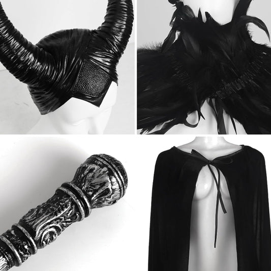 UQJE Black Gothic Witch Costume Raven Costume Halloween Feather Shawl Mesh Cape with Horns Set