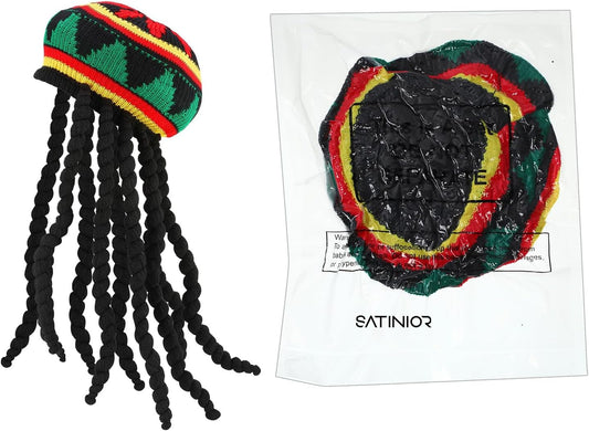 SATINIOR Rasta Hat with Black Dreadlocks Wig Rasta Wig with Dreads Funny Hat, 1 Piece, Size 17. 3