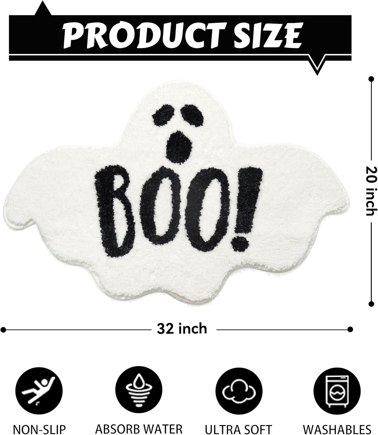 Halloween Bathroom Rugs Spooky Ghost Bath Mat Non-Slip for Gothic Bathroom Decor Goth Funny Rug for Shower Microfiber Washable Absorbent,Black 20”x32”