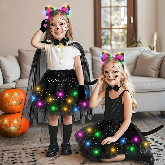 MOVINPE Black Cat Costume for Girls with LED Tutu Skirt Light up Ear Headband, Cape, Tail, Cat Paw Gloves, Bow Tie, Face Tattoo, Kids Halloween Costume for Ages 3-8