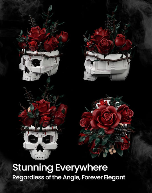 iATOM Halloween Skull Rose Bouquet Building Set, Compatible with Lego Flowers for Adult - Gothic Horror Skeleton Plant Pot Home Decor - Artificial Flower Botanical Collection Gifts, IA11008