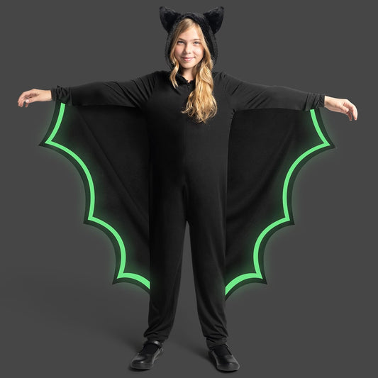 Spooktacular Creations Halloween Kid Bat Costume Glow in the Dark, Bat Wings Costume, Black Jumpsuit for Boy, Girls