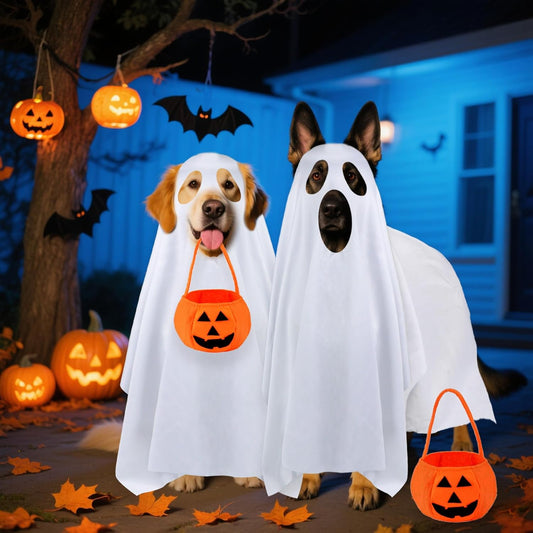 Dog Halloween Costumes, Dog Ghost Costume Funny Pet Ghost Costume with Pumpkin Candy Bag for Small Medium Large Dogs Pets (Large)