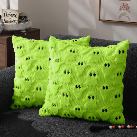 DFXSZ Halloween Pillow Covers 18x18 inch Set of 2 White Ghost Throw Pillow Cases Soft Plush Faux Fur Wool Couch Cushion Case for Chair Sofa Bedroom Living Room Home Decor PTK03A18