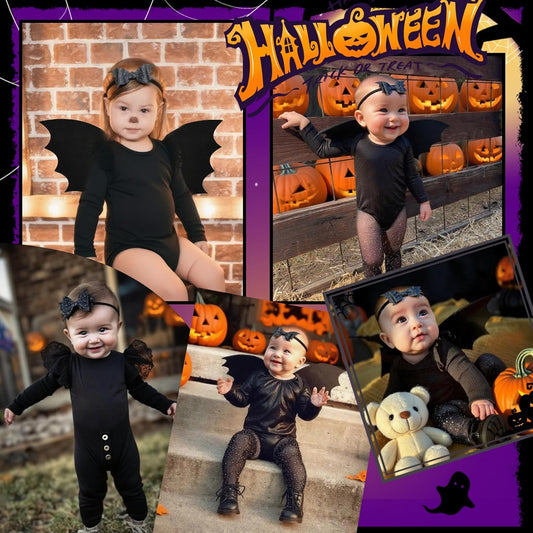 Halloween Toddler Bat Costume for Baby Girl Boy with Black Bat Wing Ruffle Long Sleeve Romper Bodysuit Goth Bow Headband