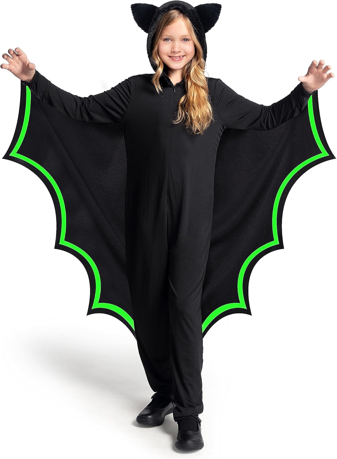 Spooktacular Creations Halloween Kid Bat Costume Glow in the Dark, Bat Wings Costume, Black Jumpsuit for Boy, Girls