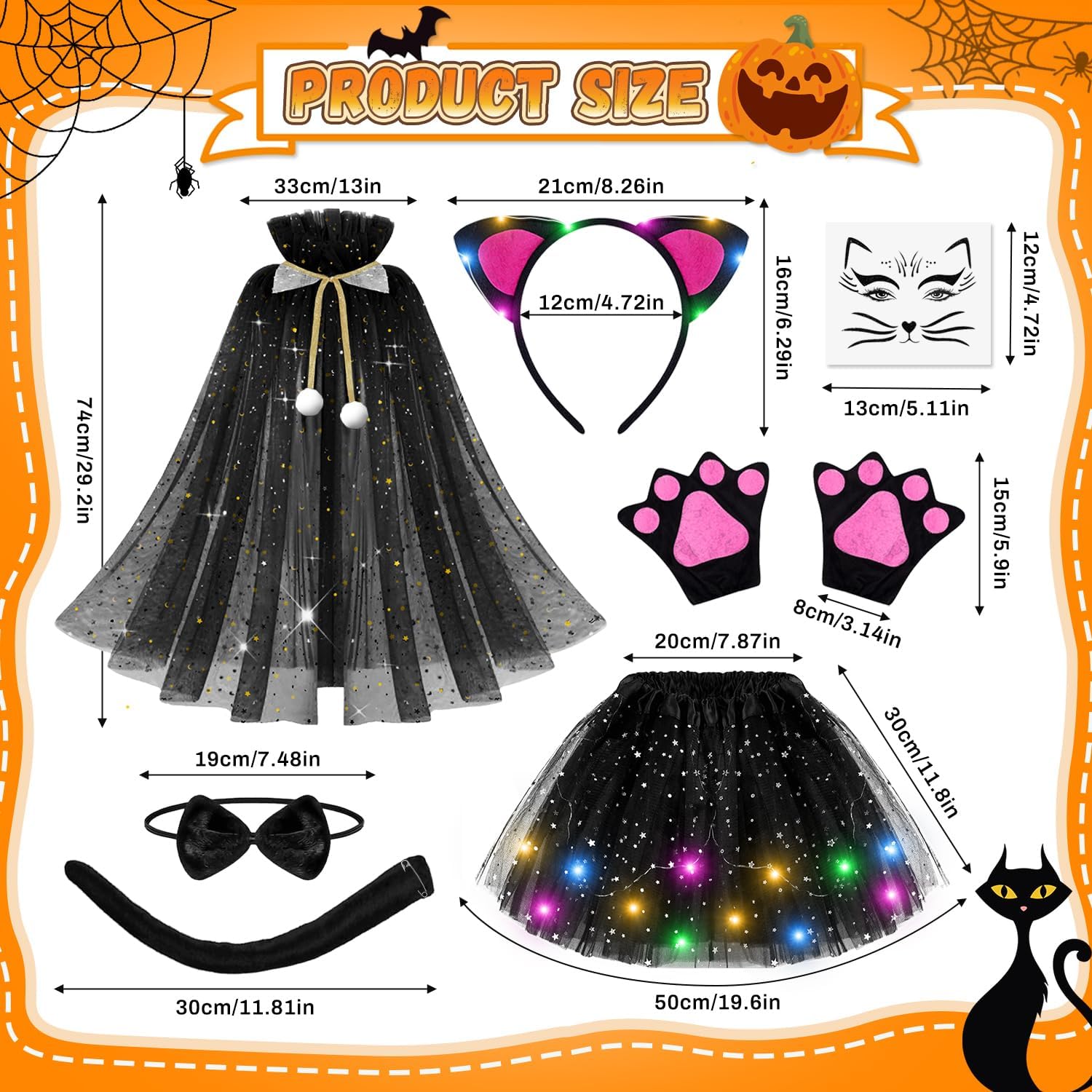 MOVINPE Black Cat Costume for Girls with LED Tutu Skirt Light up Ear Headband, Cape, Tail, Cat Paw Gloves, Bow Tie, Face Tattoo, Kids Halloween Costume for Ages 3-8