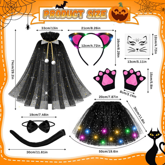MOVINPE Black Cat Costume for Girls with LED Tutu Skirt Light up Ear Headband, Cape, Tail, Cat Paw Gloves, Bow Tie, Face Tattoo, Kids Halloween Costume for Ages 3-8