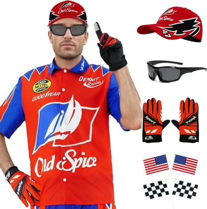 Ricky Bobby Costume Halloween Cal Naughton Shirt Race Car Driver Sports With Sunglasses Hat Props Cosplay Set