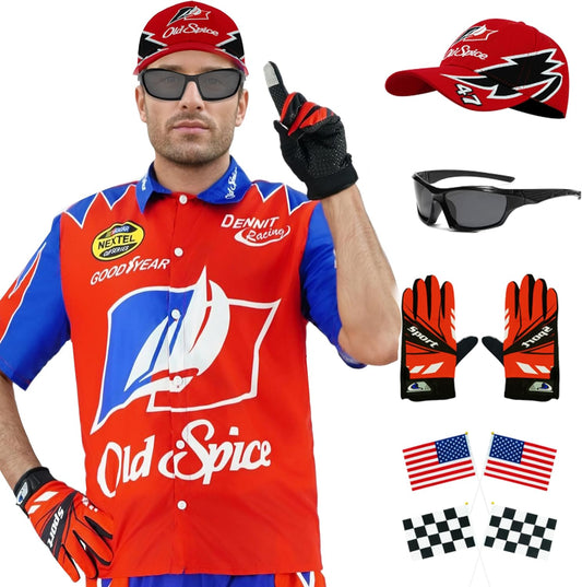 Ricky Bobby Costume Halloween Cal Naughton Shirt Race Car Driver Sports With Sunglasses Hat Props Cosplay Set
