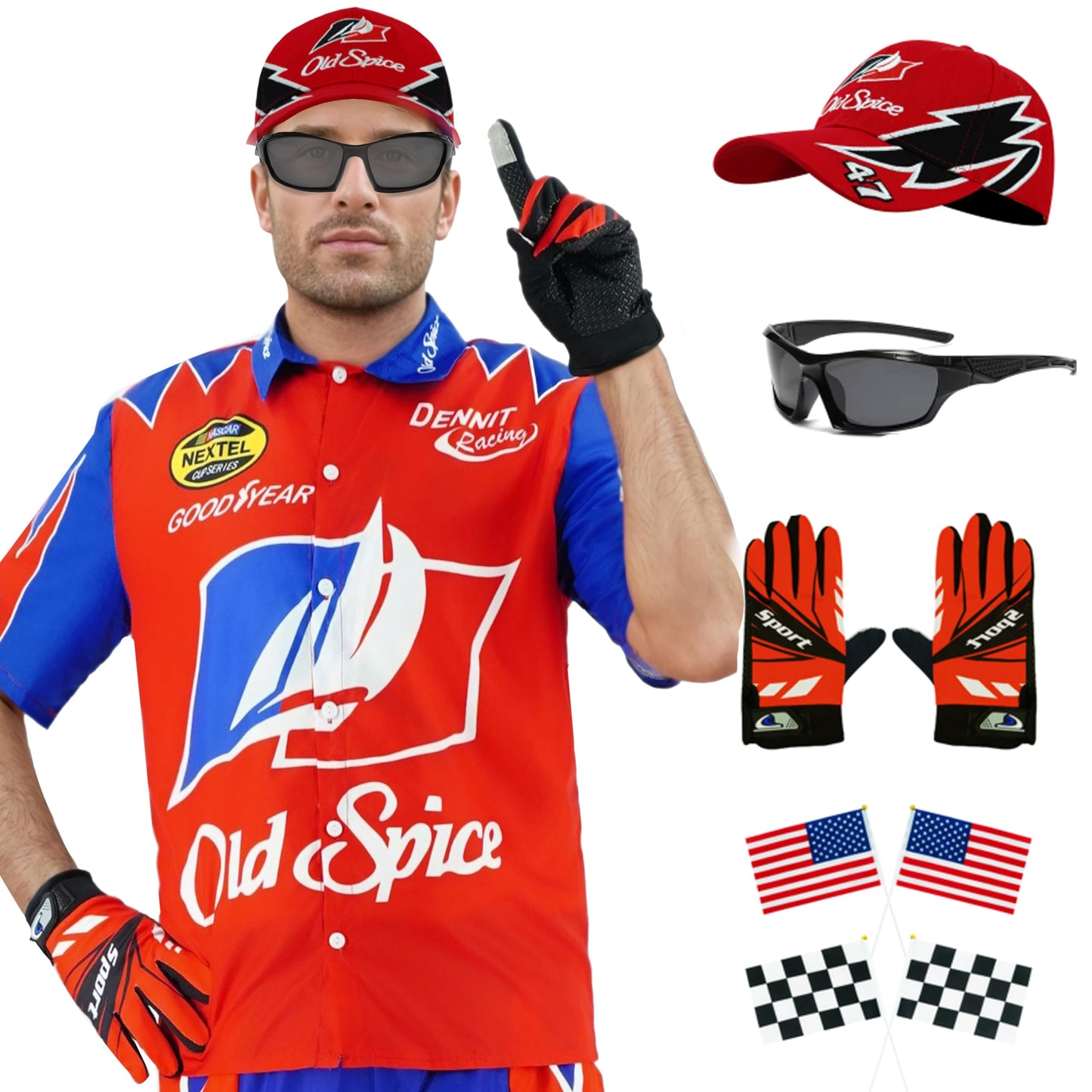 Ricky Bobby Costume Halloween Cal Naughton Shirt Race Car Driver Sports With Sunglasses Hat Props Cosplay Set