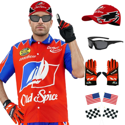 Ricky Bobby Costume Halloween Cal Naughton Shirt Race Car Driver Sports With Sunglasses Hat Props Cosplay Set