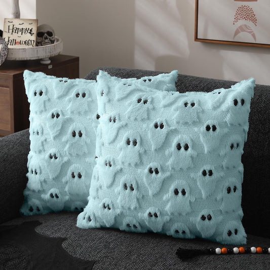 DFXSZ Halloween Pillow Covers 18x18 inch Set of 2 White Ghost Throw Pillow Cases Soft Plush Faux Fur Wool Couch Cushion Case for Chair Sofa Bedroom Living Room Home Decor PTK03A18