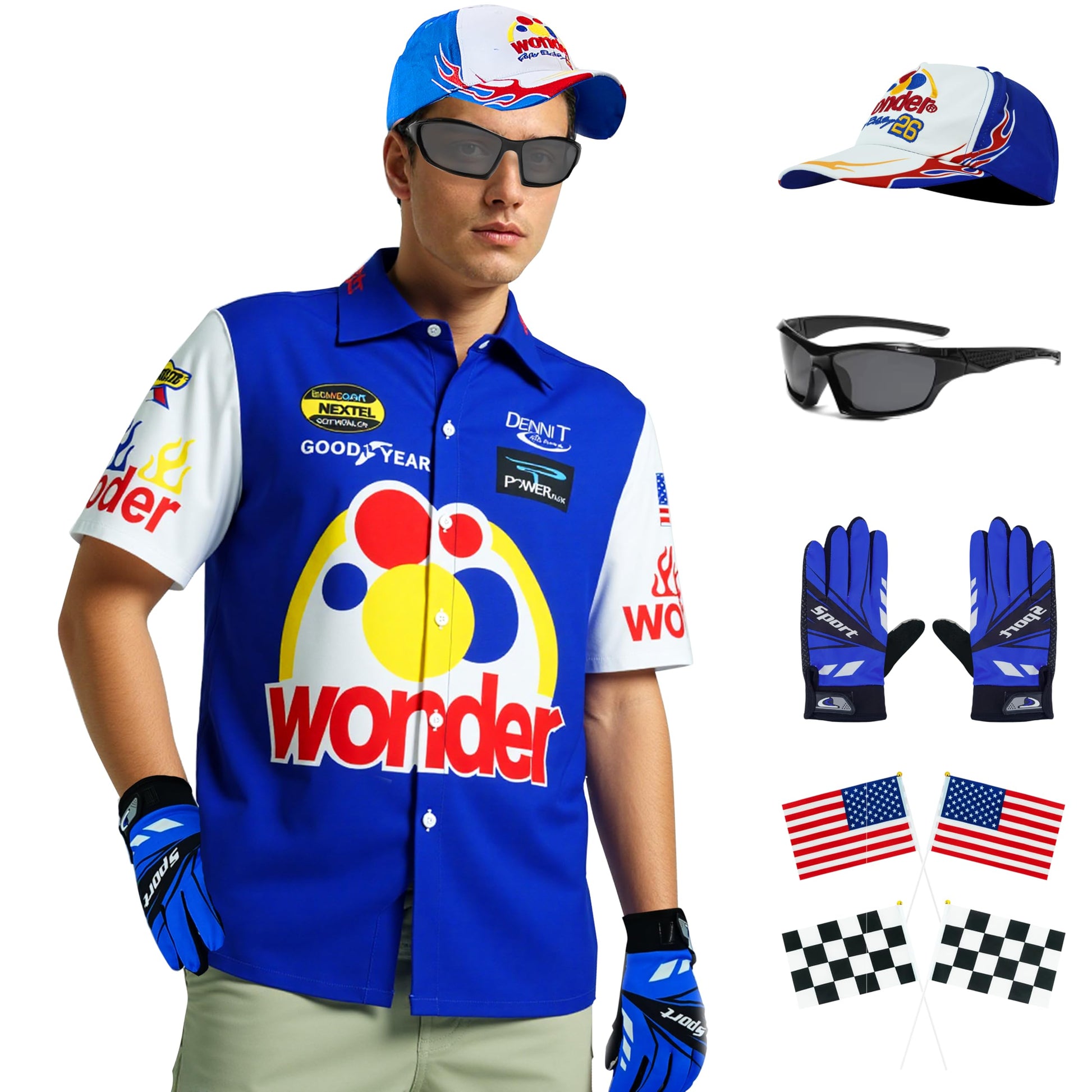 Ricky Bobby Costume Halloween Cal Naughton Shirt Race Car Driver Sports With Sunglasses Hat Props Cosplay Set