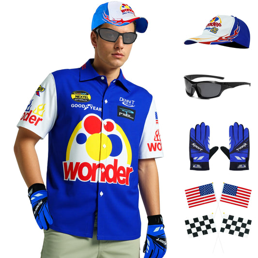 Ricky Bobby Costume Halloween Cal Naughton Shirt Race Car Driver Sports With Sunglasses Hat Props Cosplay Set