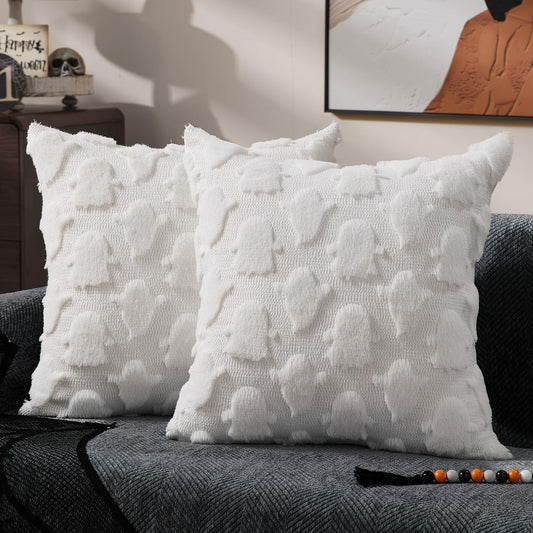DFXSZ Halloween Pillow Covers 18x18 inch Set of 2 White Ghost Throw Pillow Cases Soft Plush Faux Fur Wool Couch Cushion Case for Chair Sofa Bedroom Living Room Home Decor PTK03A18