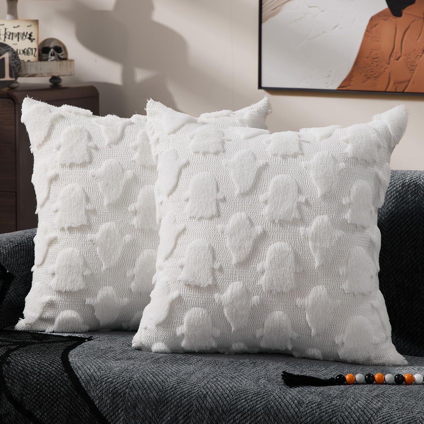 DFXSZ Halloween Pillow Covers 18x18 inch Set of 2 White Ghost Throw Pillow Cases Soft Plush Faux Fur Wool Couch Cushion Case for Chair Sofa Bedroom Living Room Home Decor PTK03A18