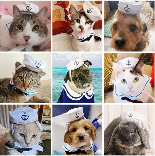 NAMSAN Pet Sailor Costume for Cats Small Dogs, Cat Halloween Costumes, Small Dog Sailor Outfit, Cat Sailors Hat with Tie Collar, Pet Navy Costume for Kitten Puppy Statue Toys Decoration