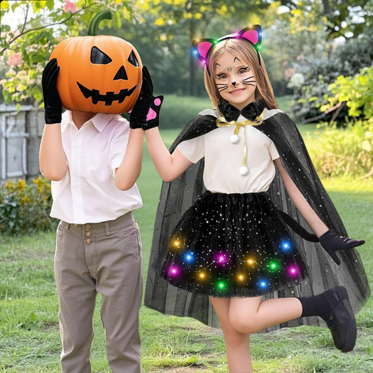 MOVINPE Black Cat Costume for Girls with LED Tutu Skirt Light up Ear Headband, Cape, Tail, Cat Paw Gloves, Bow Tie, Face Tattoo, Kids Halloween Costume for Ages 3-8