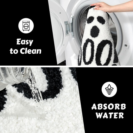 Halloween Bathroom Rugs Spooky Ghost Bath Mat Non-Slip for Gothic Bathroom Decor Goth Funny Rug for Shower Microfiber Washable Absorbent,Black 20”x32”