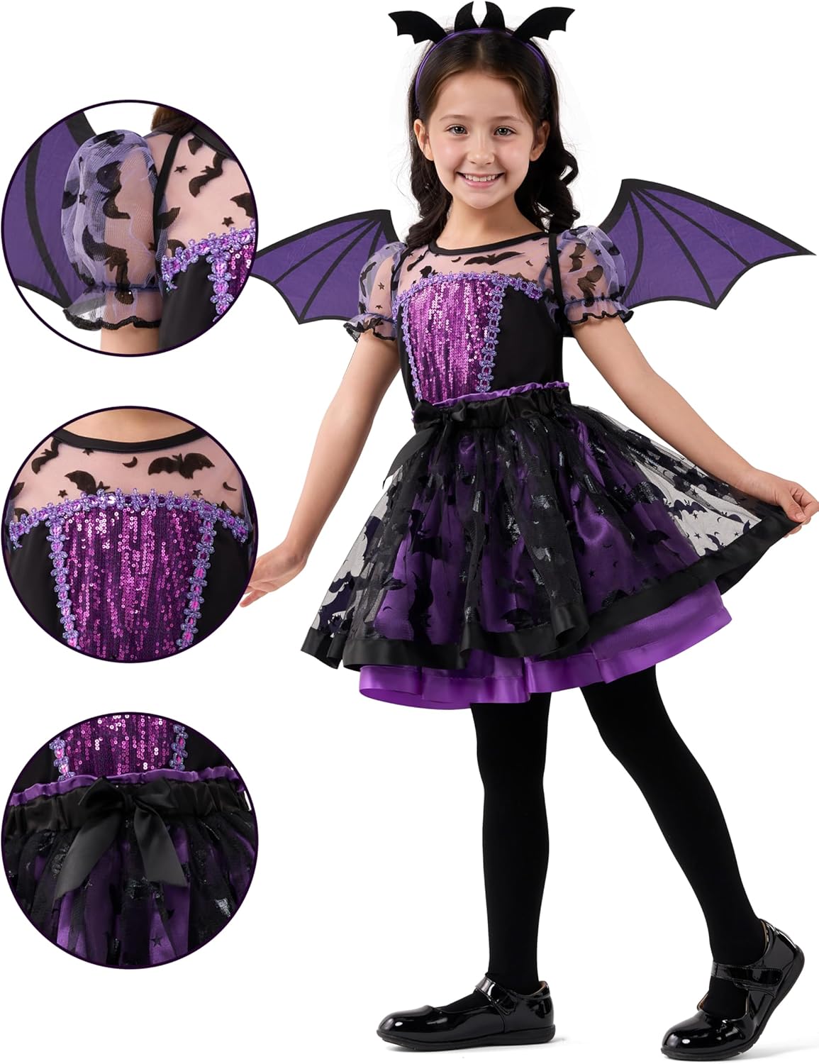 Spooktacular Creations Halloween Girl Purple Bat Tutu Costume, Toddler Bat Vampire Outfit for Kids Halloween Dress Up Party