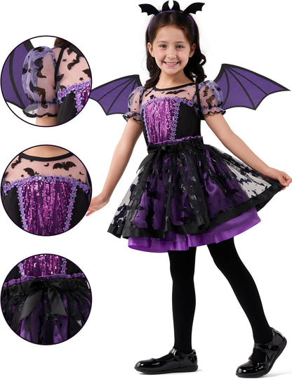 Spooktacular Creations Halloween Girl Purple Bat Tutu Costume, Toddler Bat Vampire Outfit for Kids Halloween Dress Up Party