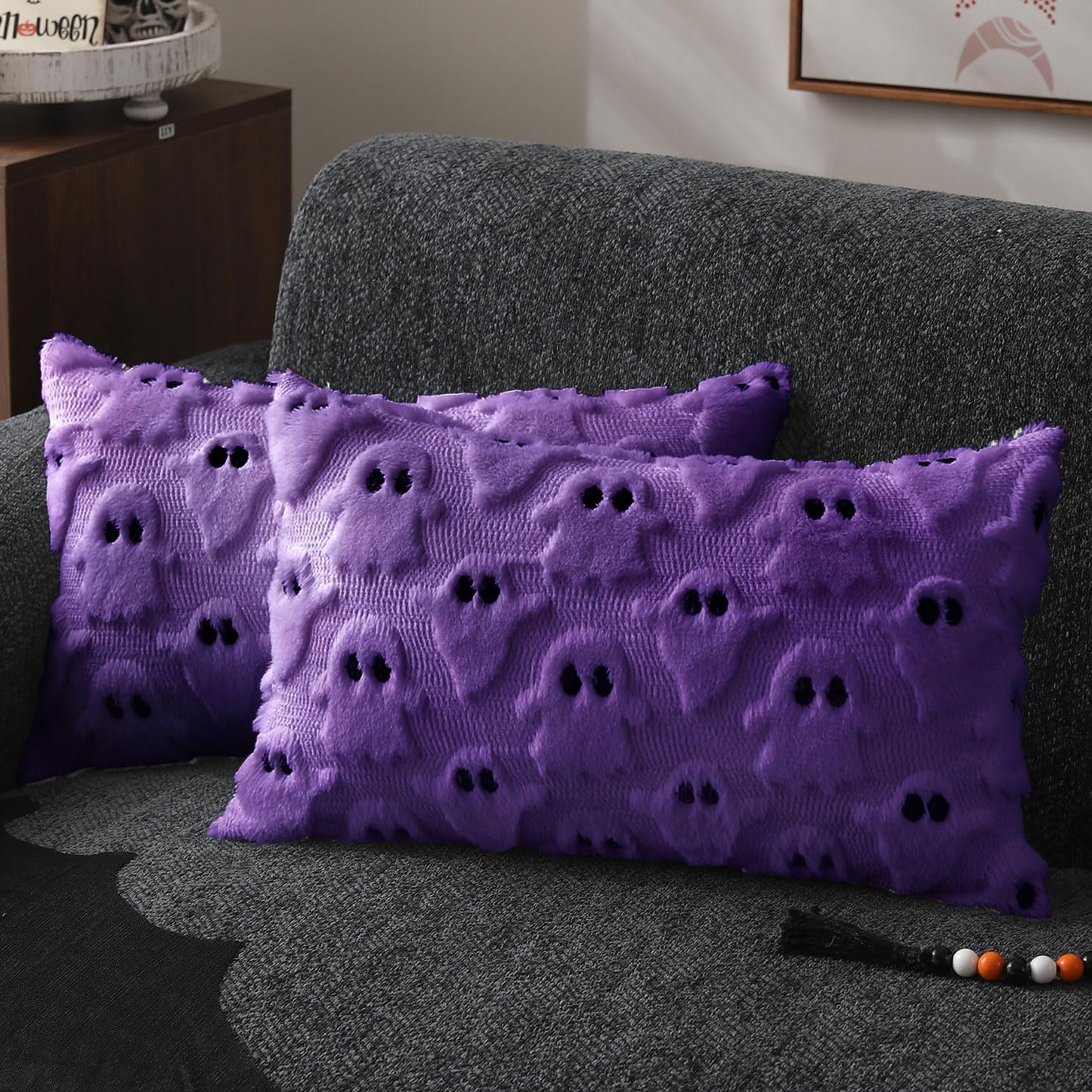 DFXSZ Halloween Pillow Covers 18x18 inch Set of 2 White Ghost Throw Pillow Cases Soft Plush Faux Fur Wool Couch Cushion Case for Chair Sofa Bedroom Living Room Home Decor PTK03A18