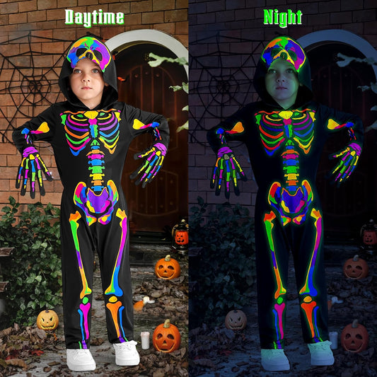Weixinbuy Kids Halloween Skeleton Costumes Toddler Luminous Scary Skull Bones Jumpsuit Glow in the Dark Outfit for Child Baby