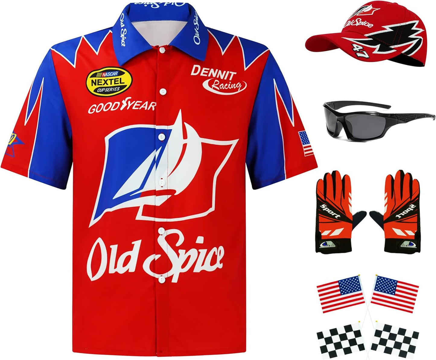 Ricky Bobby Costume Halloween Cal Naughton Shirt Race Car Driver Sports With Sunglasses Hat Props Cosplay Set