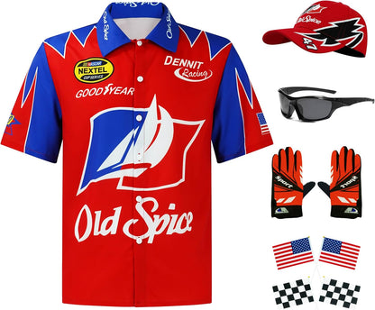 Ricky Bobby Costume Halloween Cal Naughton Shirt Race Car Driver Sports With Sunglasses Hat Props Cosplay Set