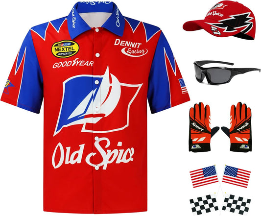 Ricky Bobby Costume Halloween Cal Naughton Shirt Race Car Driver Sports With Sunglasses Hat Props Cosplay Set