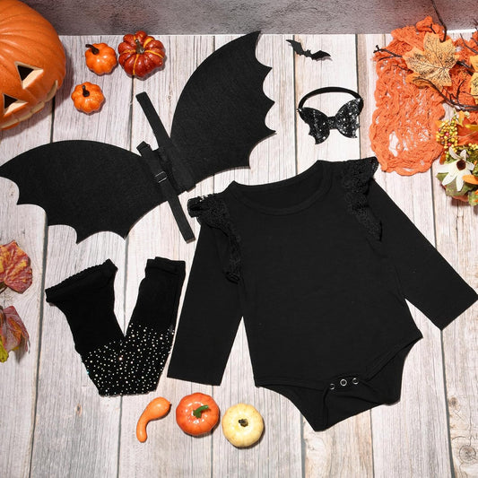 Halloween Toddler Bat Costume for Baby Girl Boy with Black Bat Wing Ruffle Long Sleeve Romper Bodysuit Goth Bow Headband