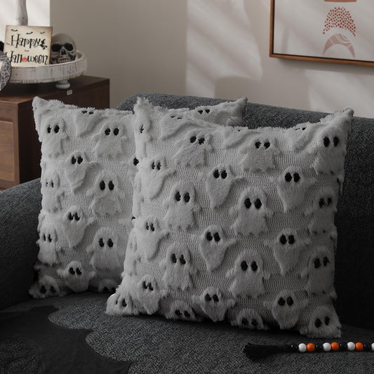 DFXSZ Halloween Pillow Covers 18x18 inch Set of 2 White Ghost Throw Pillow Cases Soft Plush Faux Fur Wool Couch Cushion Case for Chair Sofa Bedroom Living Room Home Decor PTK03A18
