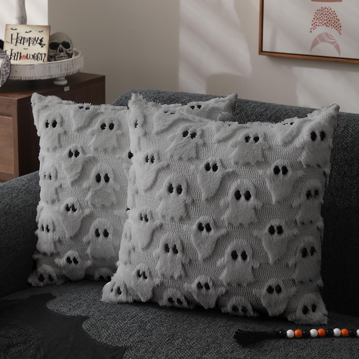 DFXSZ Halloween Pillow Covers 18x18 inch Set of 2 White Ghost Throw Pillow Cases Soft Plush Faux Fur Wool Couch Cushion Case for Chair Sofa Bedroom Living Room Home Decor PTK03A18