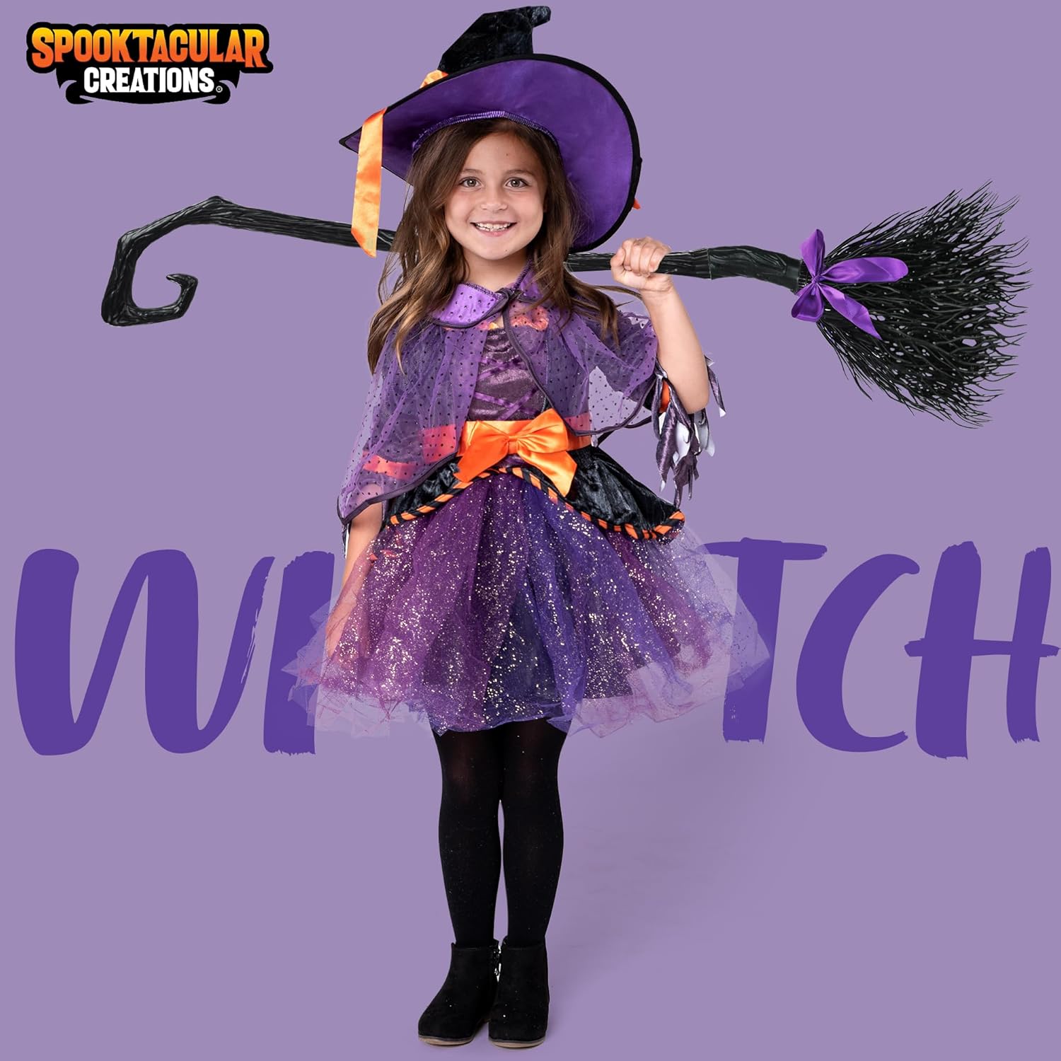 Spooktacular Creations Child Girl Orange Purple Witch Costume, Toddler Witch Outfit Set for Kids Halloween Dress Up Parties